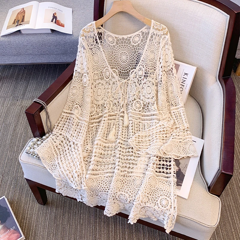 Women Hollow Out Crochet BOHO Sunscreen Shirt Vintage Lace Up Long Sleeve Loose Tops Seaside Vacation V-neck Mid-Length Pullover