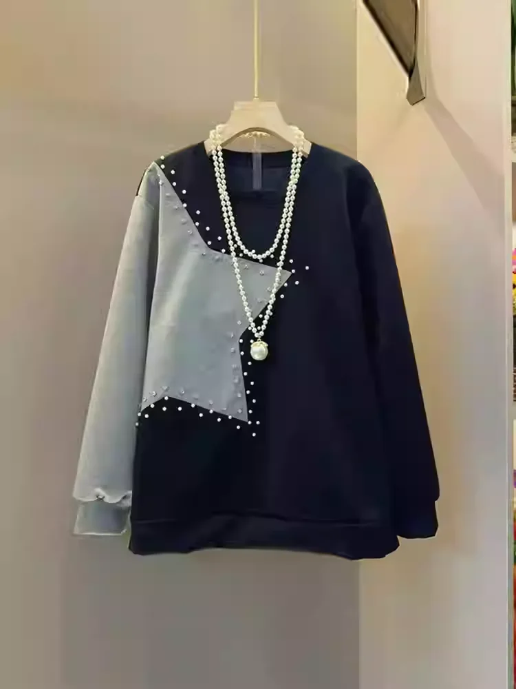 Pull à manches longues pour femme, col rond, taille grande, printemps-automne, doux, perlé, tendance, ample, style coréen, polyvalent, haut de loisirs