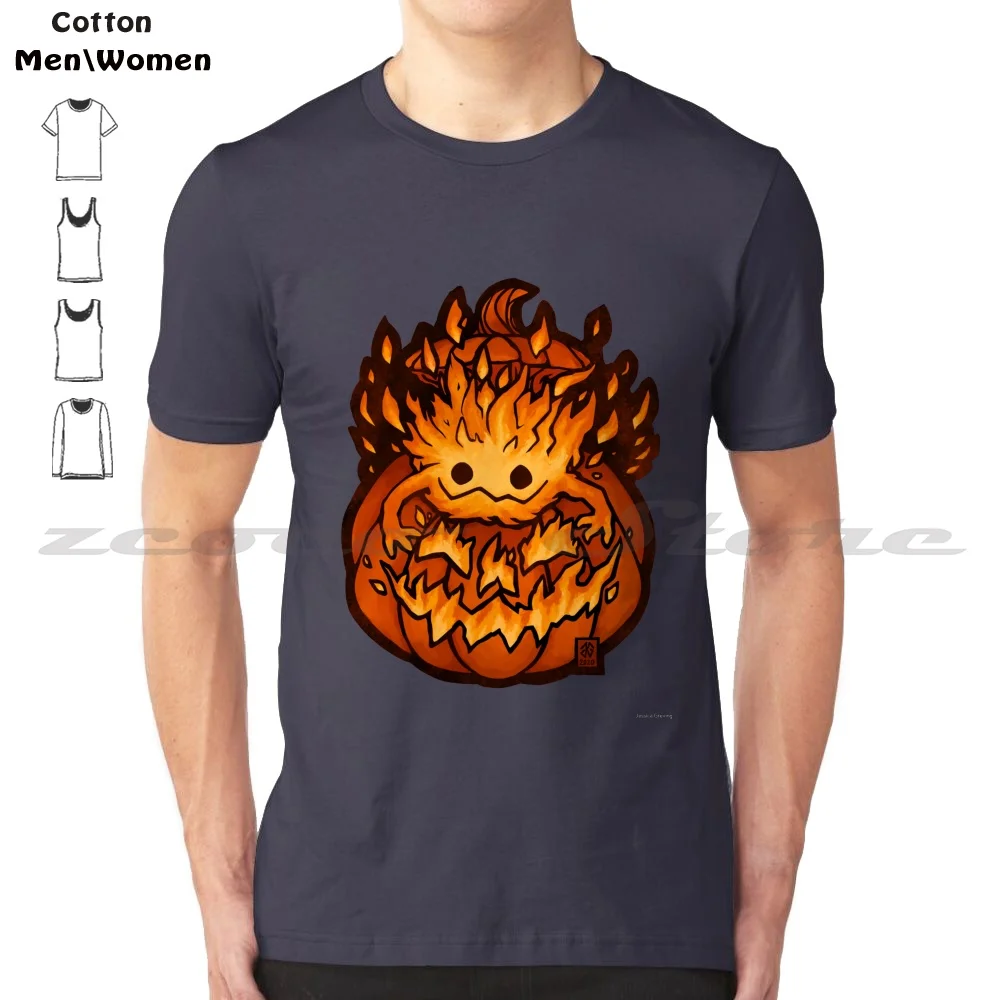 Fire Demons Like Pumpkins Too T-Shirt 100% Cotton Comfortable High-Quality Calcifer Fire Demon Pumpkin Jackolantern Lit