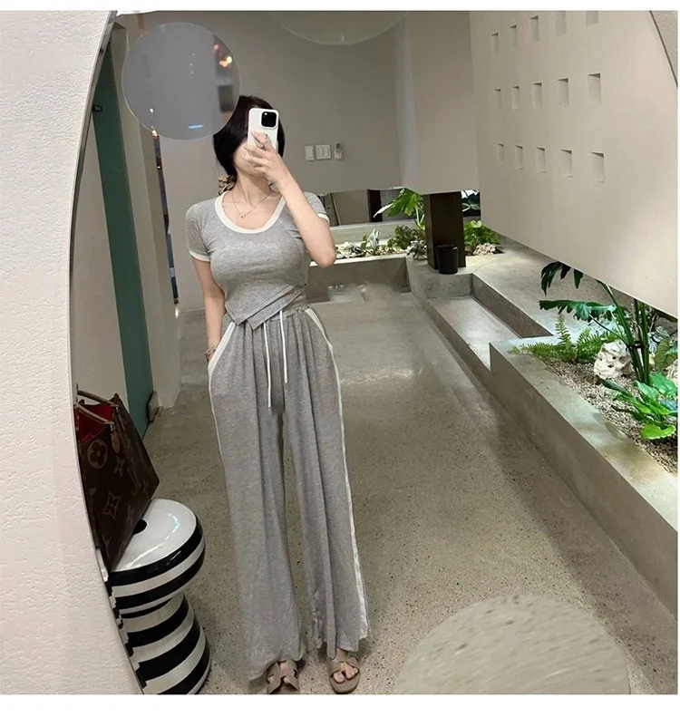 

Dongda Gate Faion Comfortable New Arrival Trendy Women's Uneven ort T-irt Slimming Casual Pants Set Cotton Summer 2023