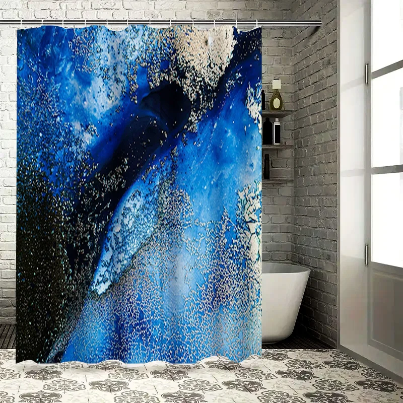 

Abstract Ocean Shower Curtain - Blue & White Watercolor Waves, Waterproof Modern Bathroom Decor