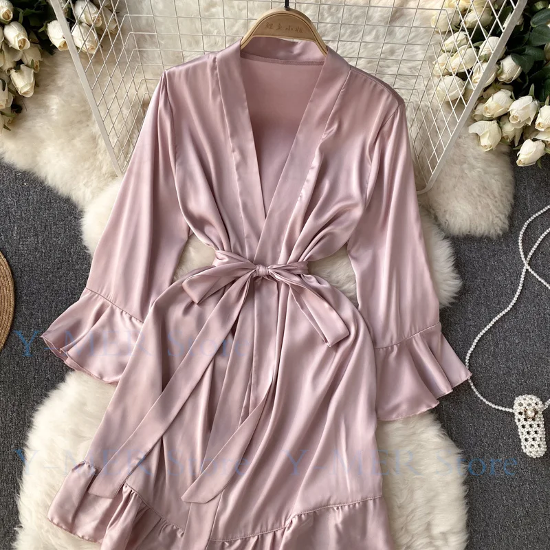 Elegant Robe Women Sexy Pink Kimono Ruffles Sleeve Nightwear Soft Rayon Home Dressing Gown Lady Leisure Intimate Lingerie