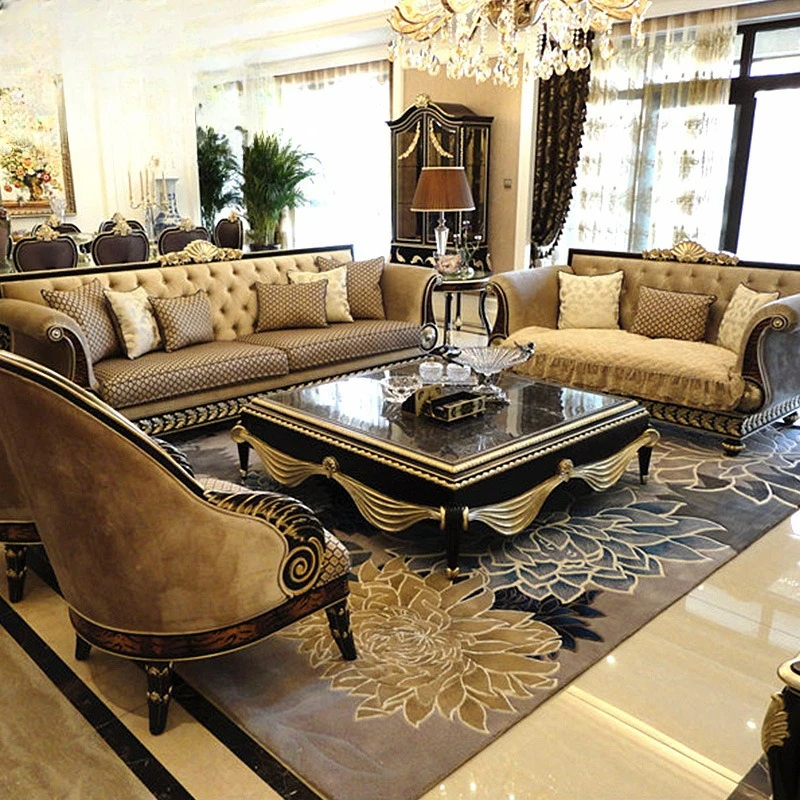 Neoclassical sofa European solid wood sofa large apartment fabric three-person sofa combination living room furniture