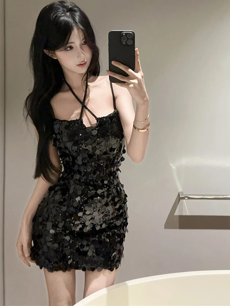 Czarna Sukienka Mini na Ramiączkach z Odkrytymi Plecami i Cekinami dla Kobiet 2025 Koreański Vintage Bodycon Sukienki na Bal Elegancka Luksusowa Letnia Vestidos