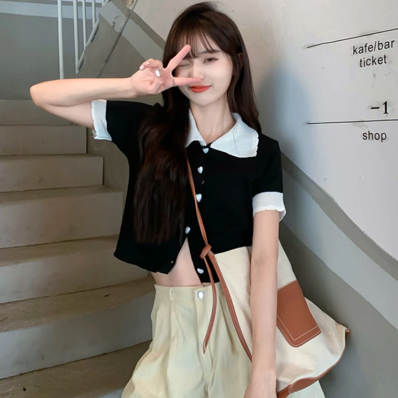 T-shirts Women Sweet Panelled Slim Knitting Retro All-match Daily Korean Style Leisure Fashion Simple Design New Students Summer