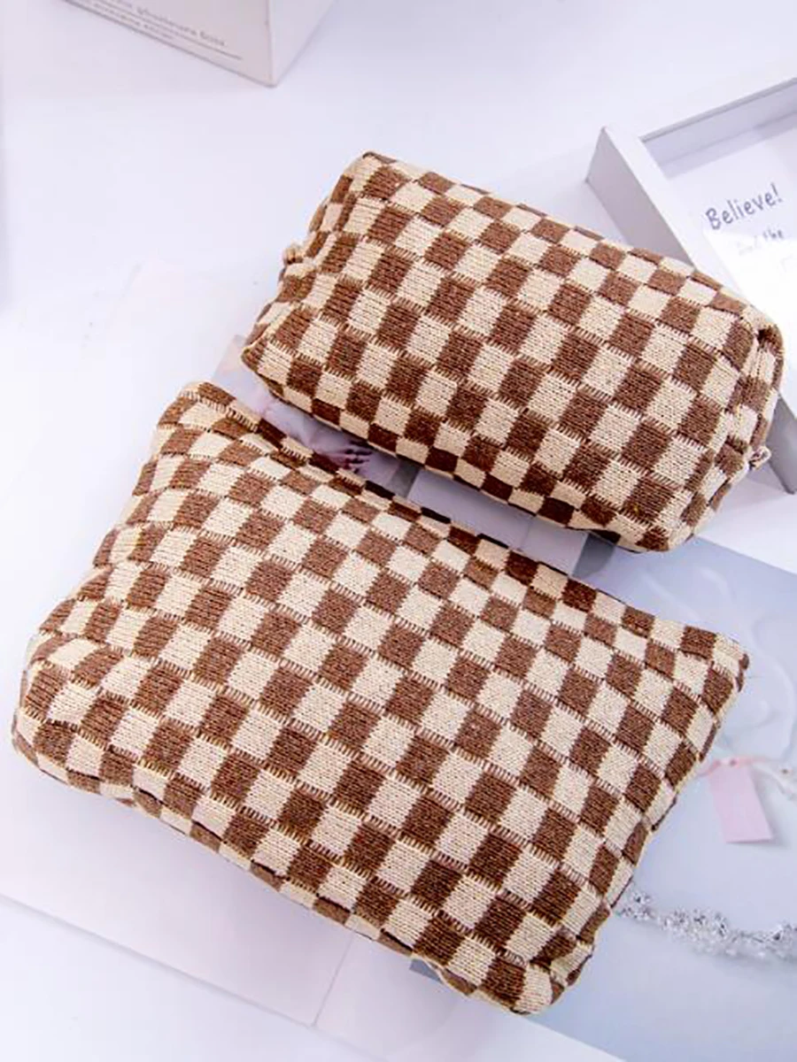 2PC Lattice Knitted Autumn And Winter Storage Portable Large Capacity Daily Wash And Makeup Bag