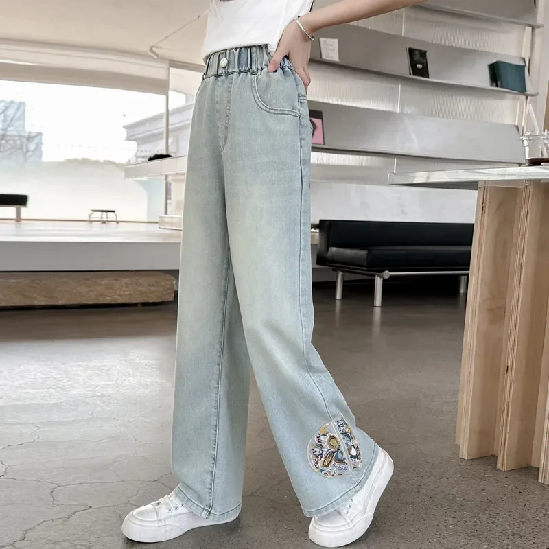 Baby Girl Pants Girls Jeans Loose 2024 Thin Pants Light Spring Wash Soft Children Micro Elastic Summer Denim Straight Bottom