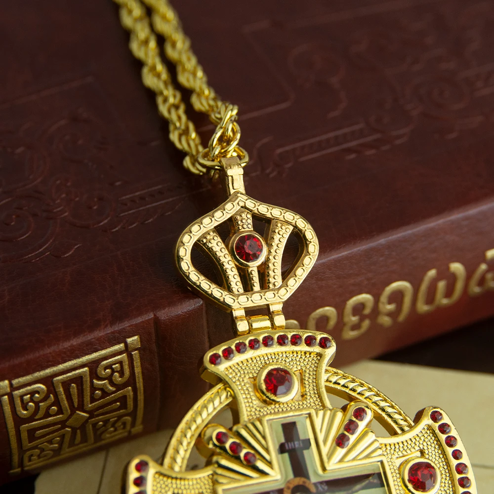 Gold Plated Orthodox Pectoral Cross Necklace with Crown, Blue/Red Gemstones & Jesus Icon for Christian Clergy Liturgical Wear view 5