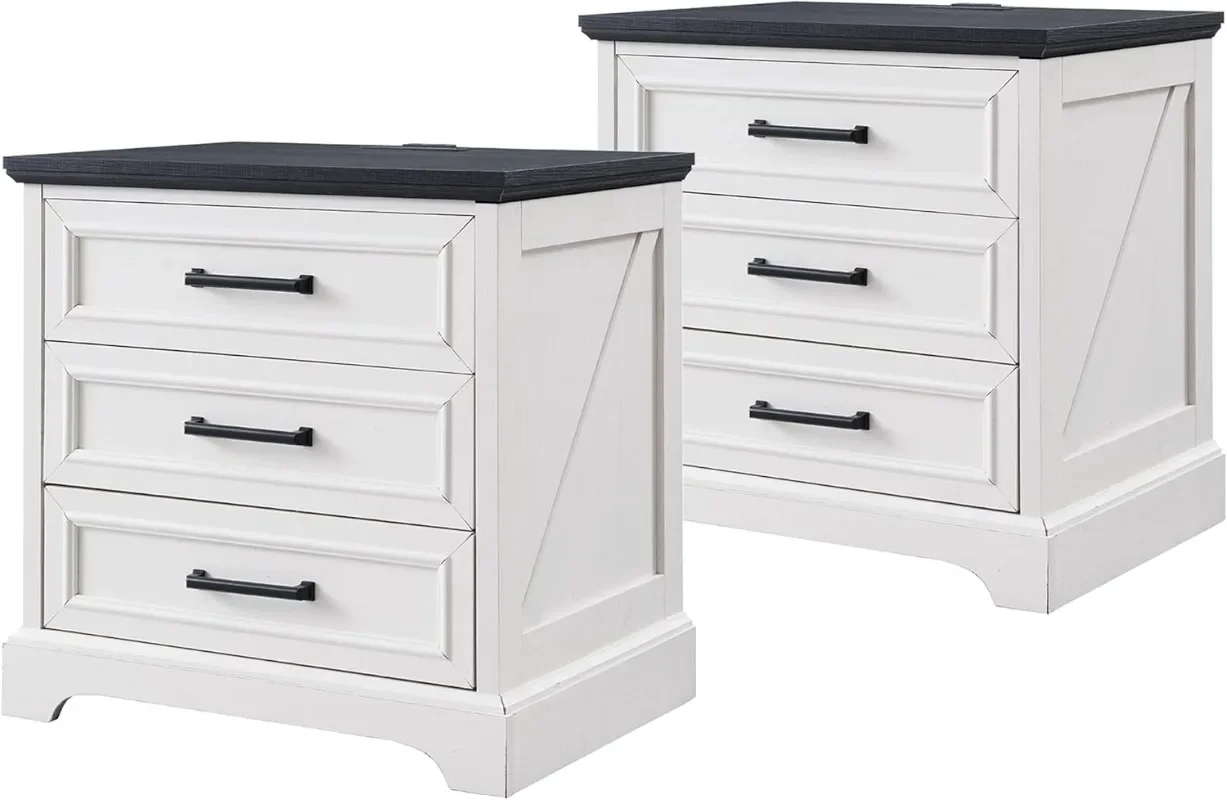 ACCOHOHO Farmhouse Nightstands Set of  22 Inch Wide End Table with Charging Station & 3 Large Drawers Rustic Wood Small Dresser