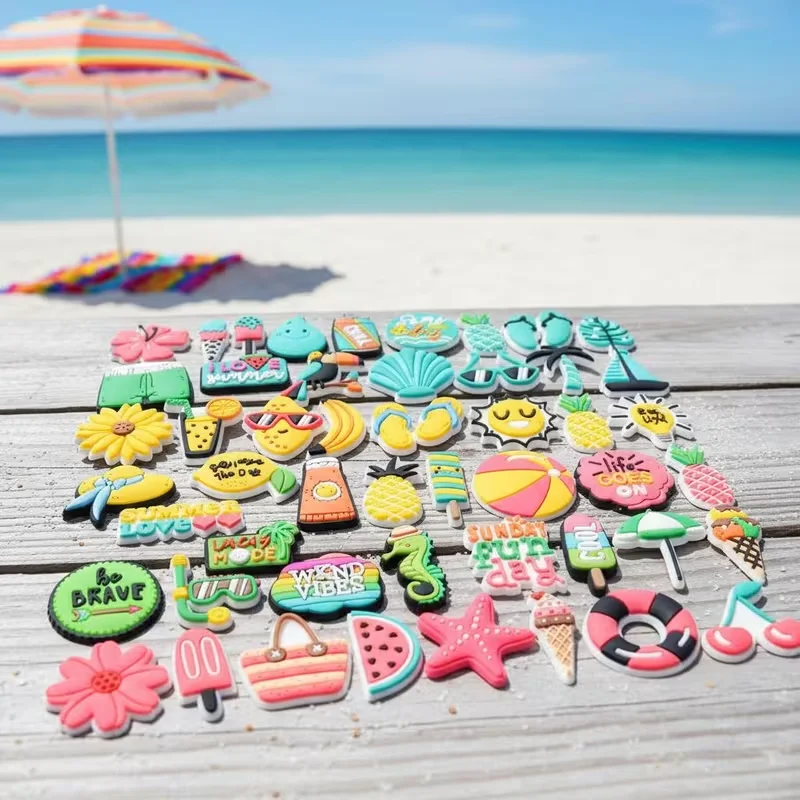 50-Piece Soft PVC Summer Beach Vacation-Themed Shoe Decorations Set. Suitable for Sandals. Perfect Gift for Holiday Parties.