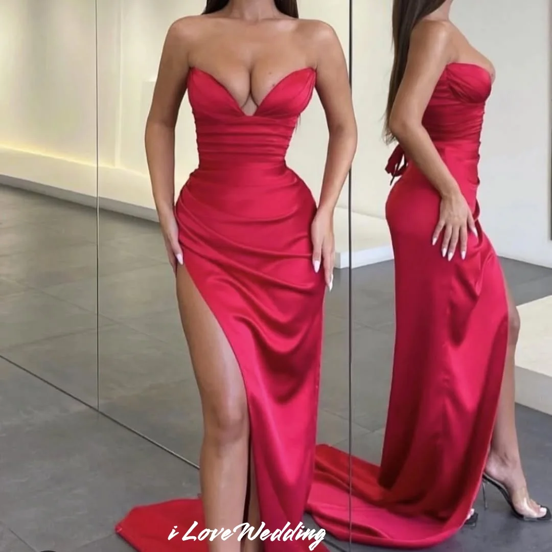 Czerwone suknie balowe z dekoltem w kształcie litery V 2025 satynowe bez rękawów syrenka zakładka boczne rozcięcie do podłogi tren typu Sweep suknia ślubna dostosowane