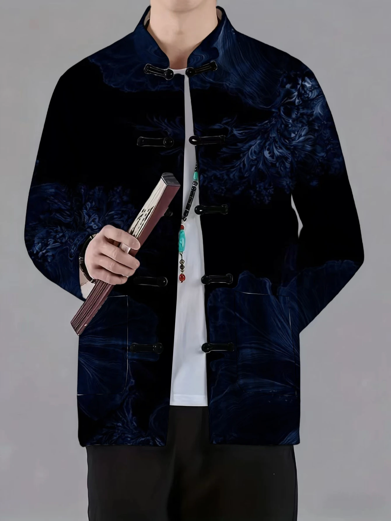 Men Mandarin Collar Frog Button Jacket Koi Jellyfish Nebula Fluid Print Traditional Outerwear