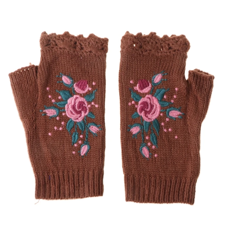 Winter Half Finger Gloves Knit Fingerless Mittens wth Thumb Hole Floral Embroidery Solid Color Hand Warmer for Women