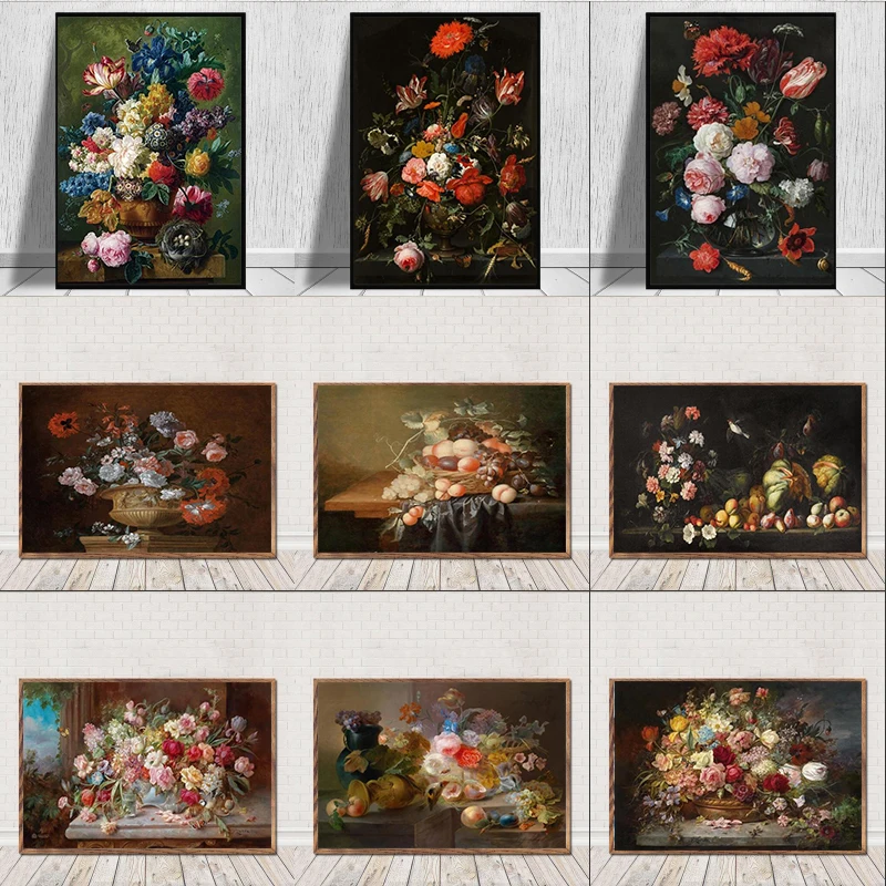 Peinture sur toile Vintage européenne, décoration murale, nature morte avec fleurs dans un vase en verre, affiche et impressions d'art nordique, image Cuadros