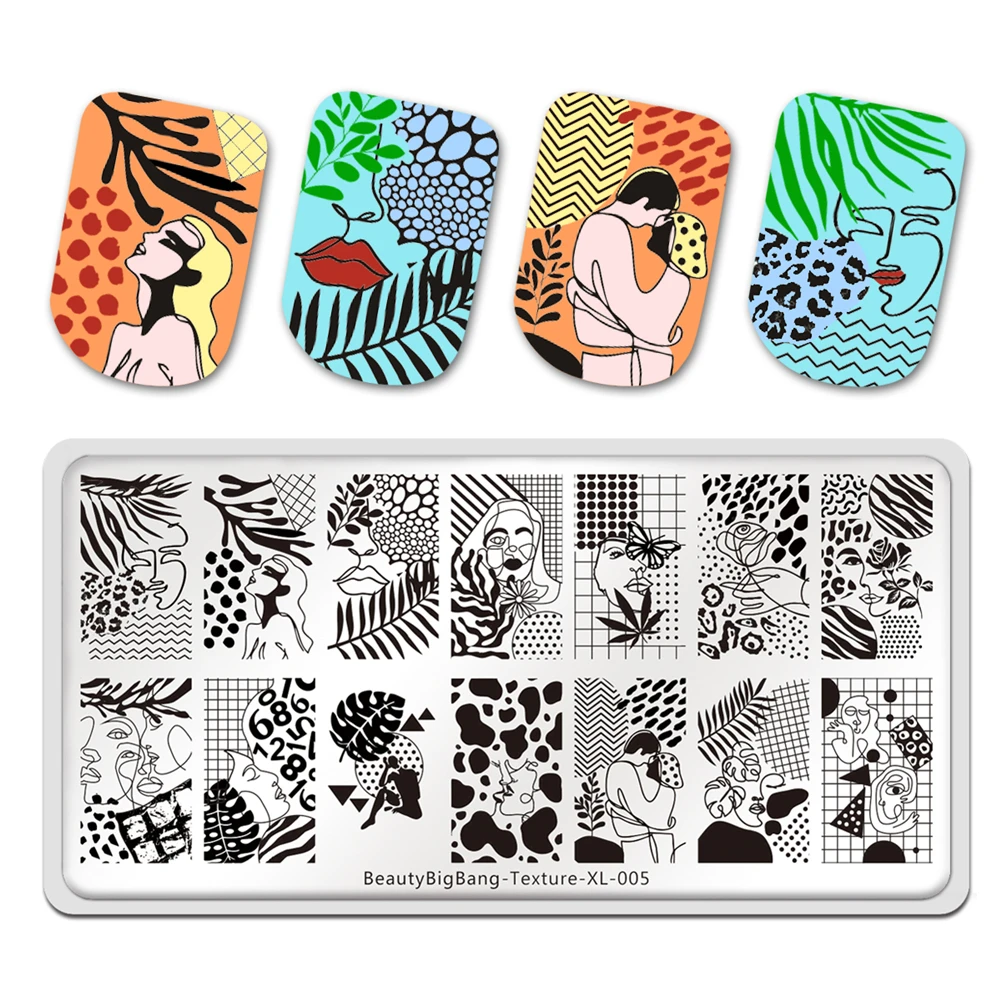 BeautyBigBang New Summer Nail Stamping Plates Lover Girl Flower Leaves Character Design Nail Art Templates Texture XL-005