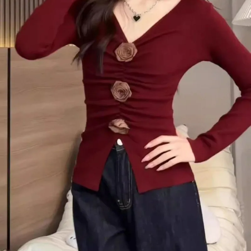 Camisa tridimensional de manga comprida com gola de flor para mulheres na primavera e no outono nova cintura plissada com fenda apertada