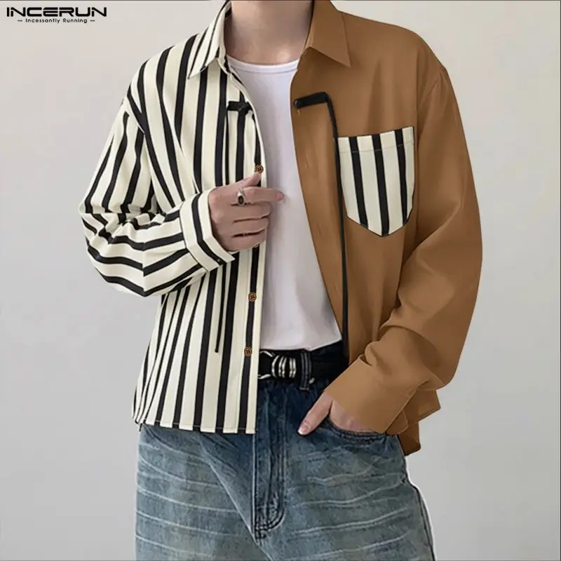 INCERUN เสื้อเชิ้ตผู้ชายลายทางต่อผ้าปกเสื้อแขนยาวติดกระดุมเสื้อผู้ชายสตรีทแวร์ทรงหลวมแฟชั่นสไตล์เกาหลีเสื้อผ้าลำลองผู้ชาย