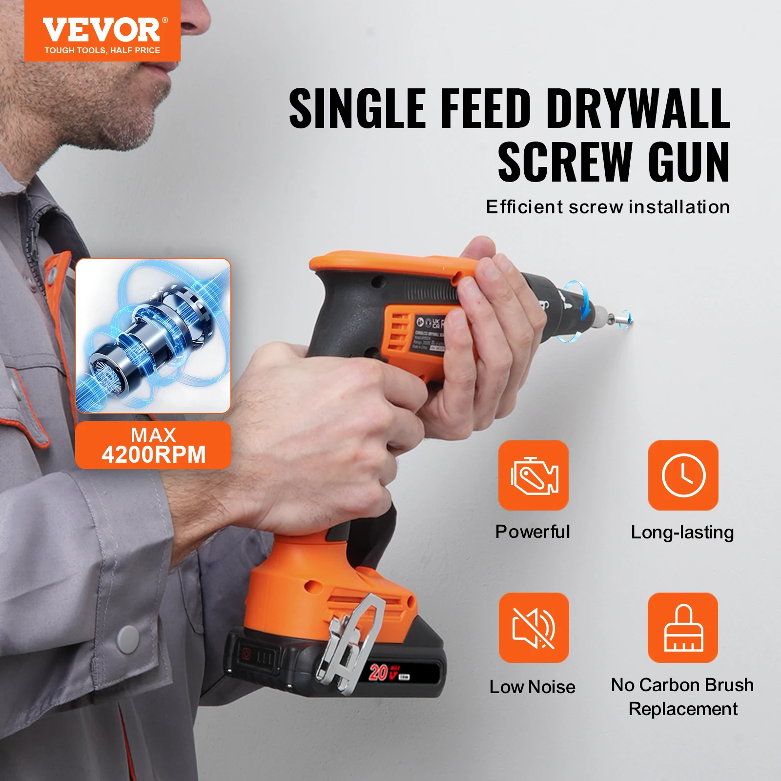 VEVOR Drywall Screw Gun 20V Max Drywall Screwgun 4200RPM Brushless Cordless Drywall Gun Kit w/2 Battery Packs Built-in LED Light