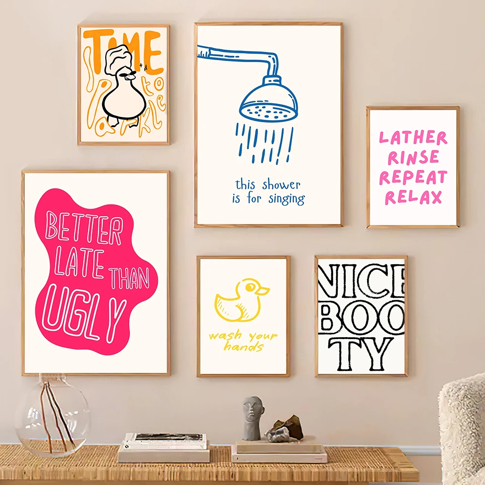 

Bathroom Wall Art Set of 6 Fun Minimalist Prints Lather Rinse Repeat & More Humorous Bath Decor Modern Art Prints for Toilet