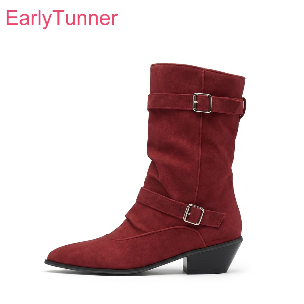 2026 Autumn Concise Women Mid Calf Boots Buckle High Chunky Heels Lady Daily Shoes Large Plus Size 12 47 50 Non-slip
