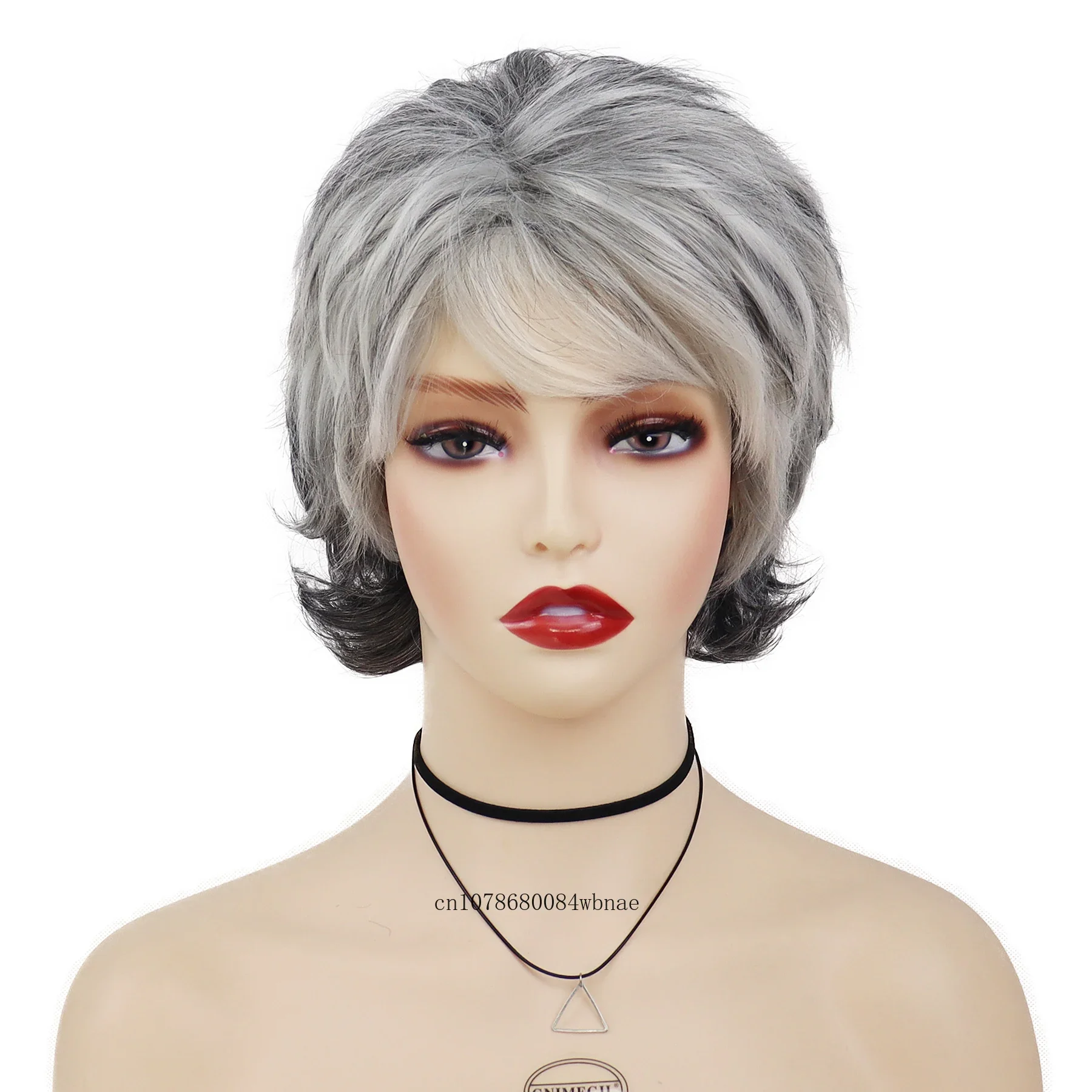 Ombre Grey Synthetic Wigs for Old Women Short Pixie Cut Hairstyles Fluffy Layered Curly Wig with Side Bangs Daily Party Costume