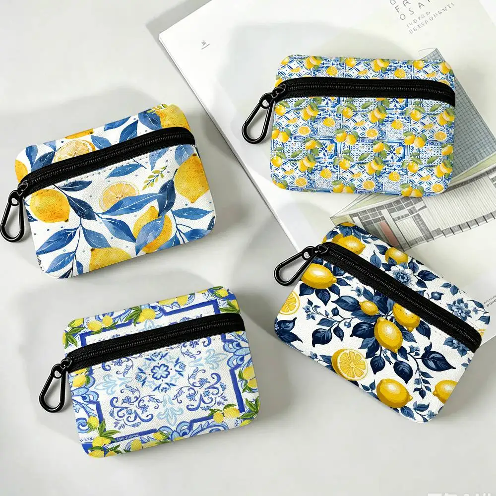 Lemon and Blue Patterned Oxford Cloth Zipper Wallet Multifunctional Hanging Coin Bag For Credit Cards Keys Coins Earbuds