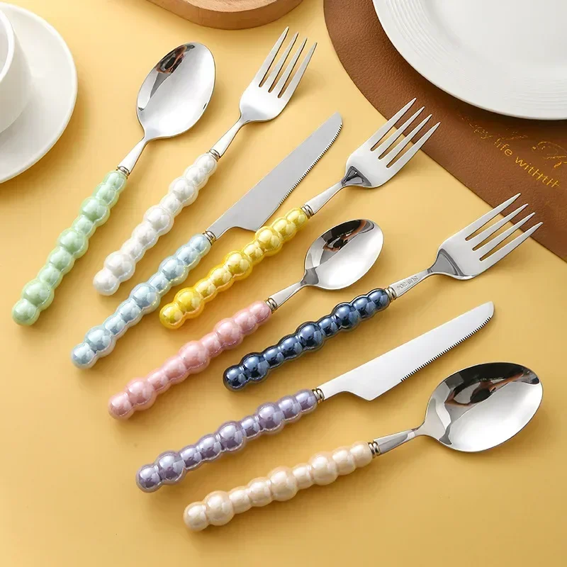 4Pcs Luxury Dinnerware Set Ceramic Pearl Handle Stainless Steel Spoon and Fork Set Western Silver Cutlery High-looking Tableware