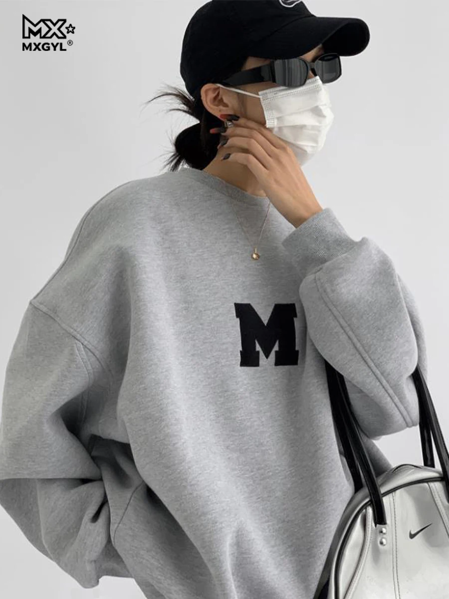 2025Retro Amerikanischen Grau Rundhals Sweatshirt Frauen Oversize Frühling Herbst Lose Schulter Top Volle Hülse Baumwolle Verdickt Winter