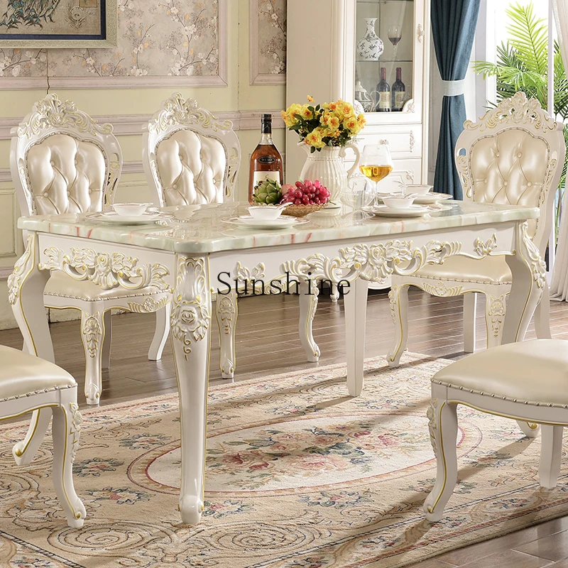 marble dining table living room full solid wood carving flower dining table and chair combination