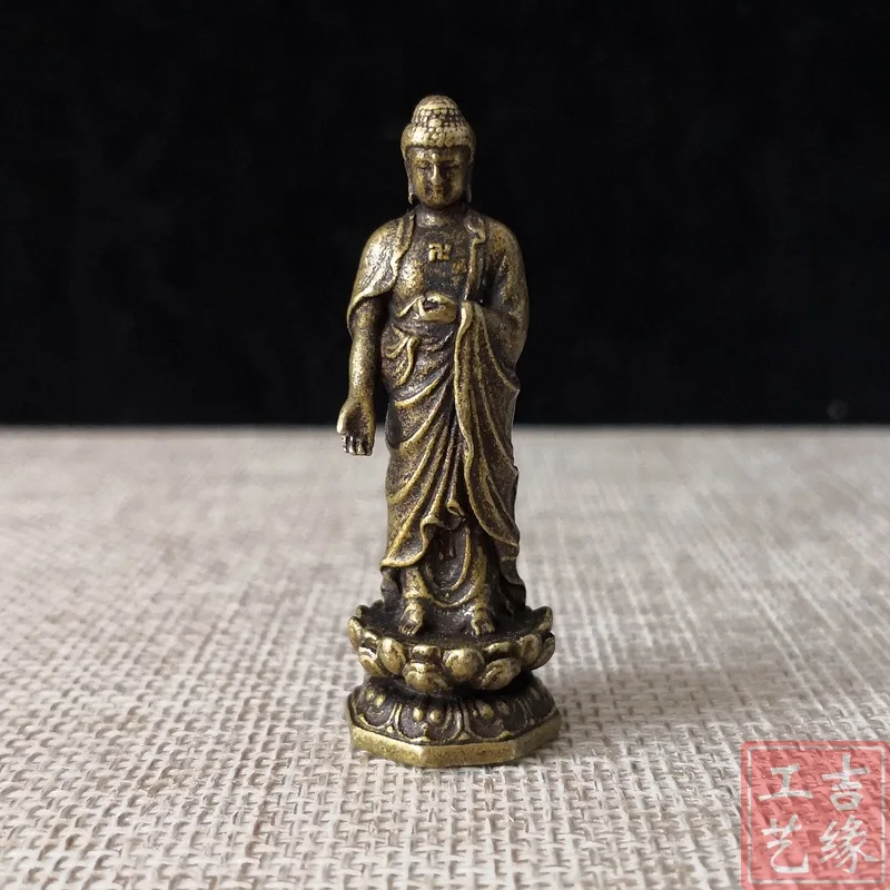 Antique Bronze Brass Sakyamuni Buddha Ornaments Mini Small Sized Complex Lotus Base Ancient Buddha