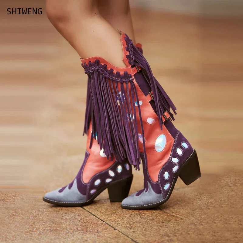 

2025 Women's Mid-Calf Embroidered Boot High Heel Western Style Autumn Spring New Large Tassel Stitched Mid Calf Boots 44