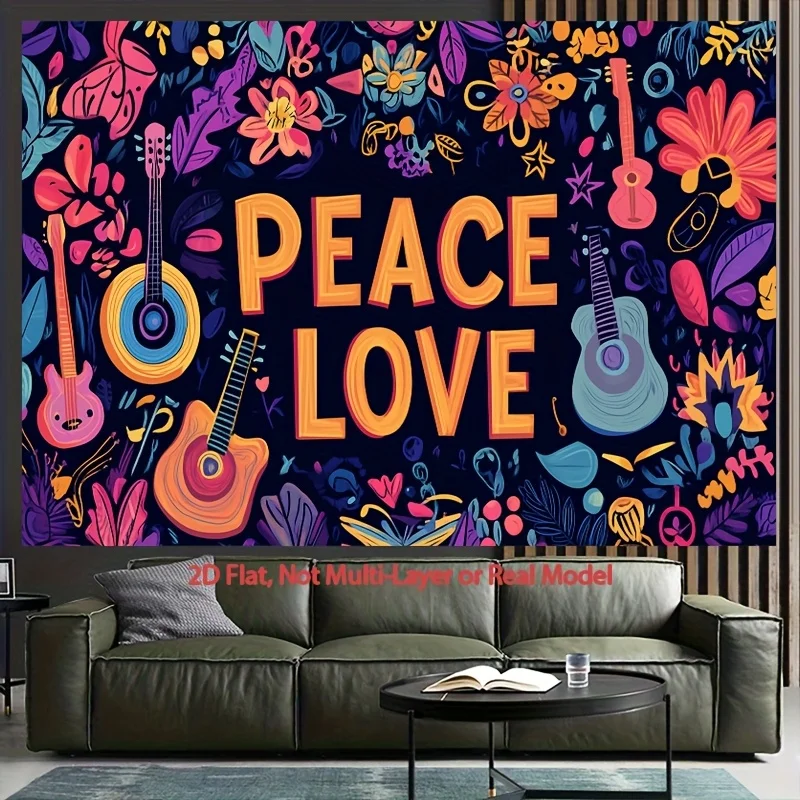 Guitar, flowers hippie Digital printing polyester wall tapestry suitable for use in living rooms bedrooms offices bars and party