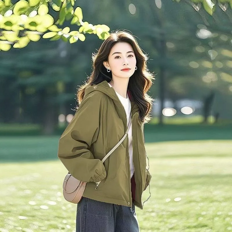 

Hooded Jackets Women2025 Spring Autumn Coat Female Unique Outerwear Short Hunting Overcoat Tops Streetwear Trendy Outdoors Party