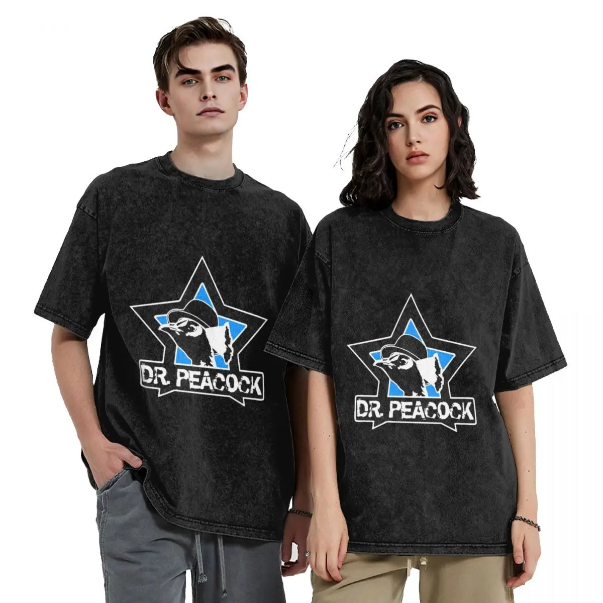 Dr. Peacock Hip Hop Short Sleeve T-Shirts Washed Tops Tees Streetwear T Shirt Harajuku for Men Women