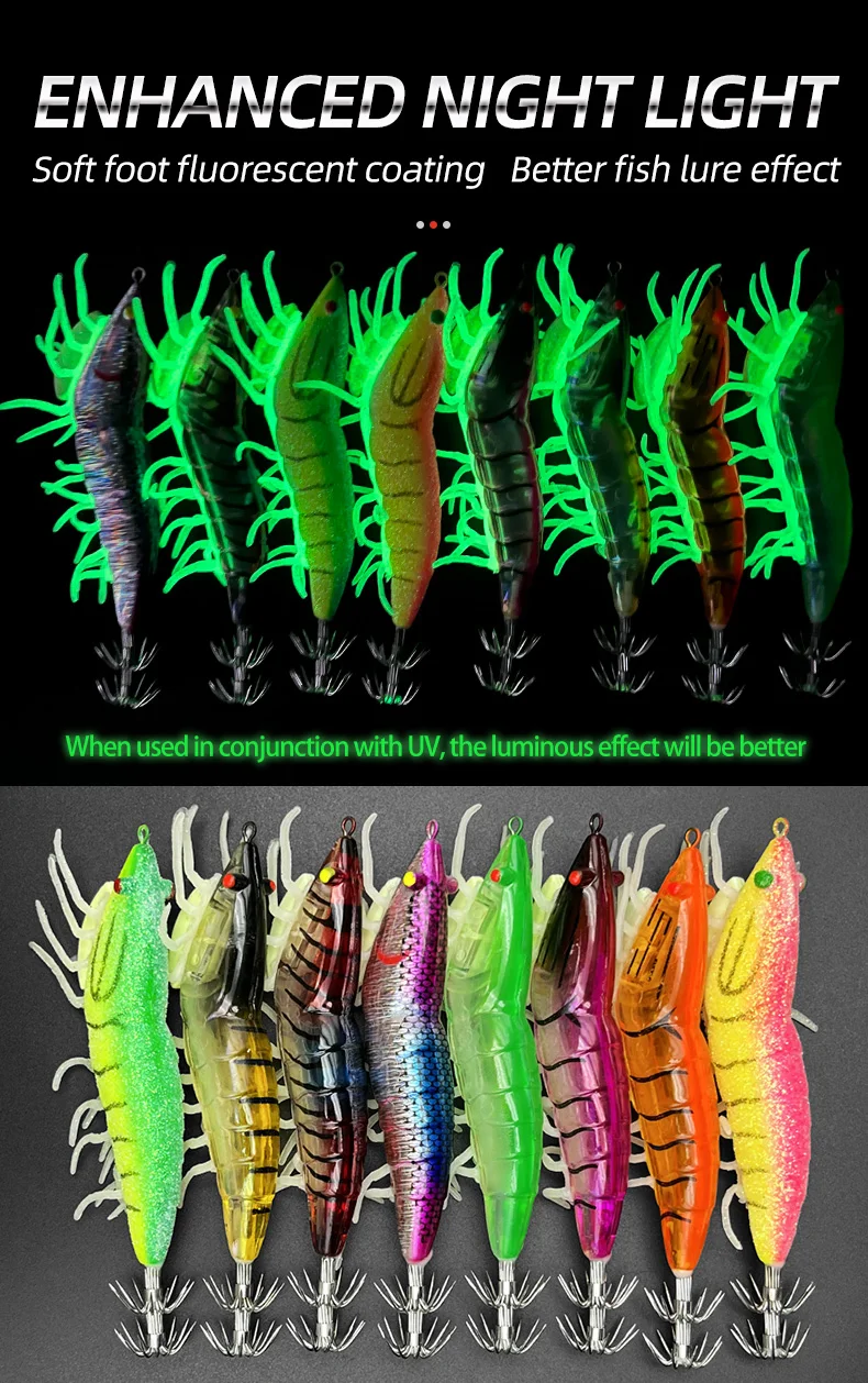 ShareShark 8-teiliges Set Leuchtende Weiche Garnelen-Jigs, Harte Angelköder, Garnelen-Tintenfisch-Haken, Holz-Garnelenköder, Angelköder-Set – Detail 3