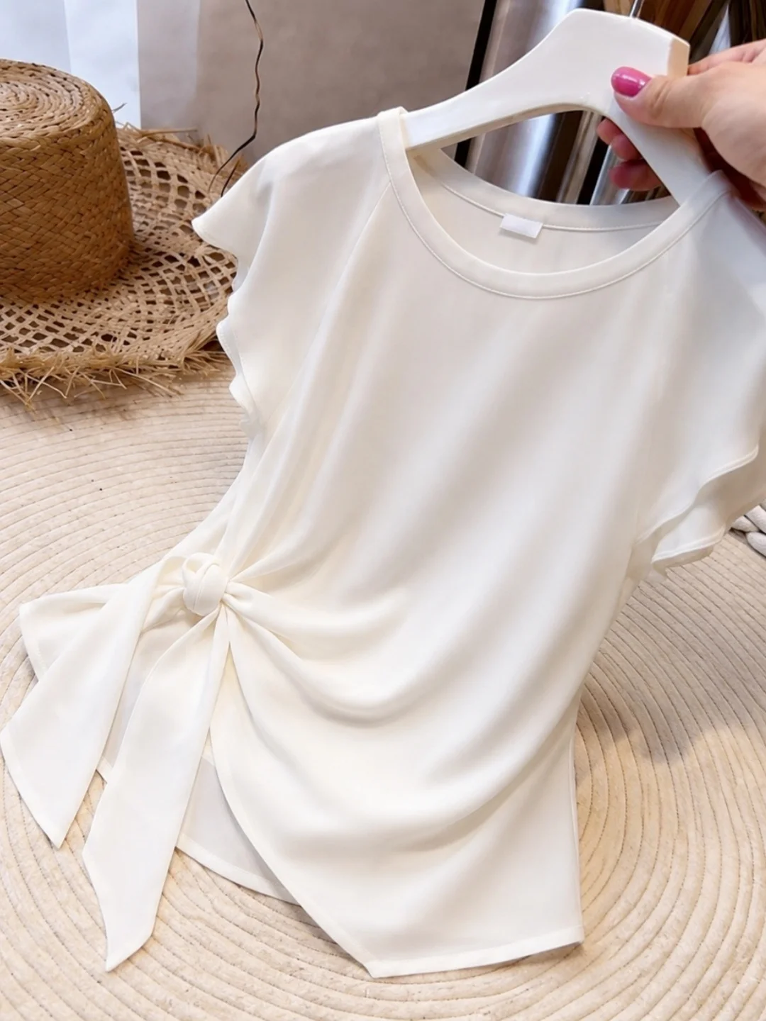 Fashionable Belted Pure Color T-Shirt Commuter Style Korean Version Straight Cut Short Sleeve round Neck Top for Young Women