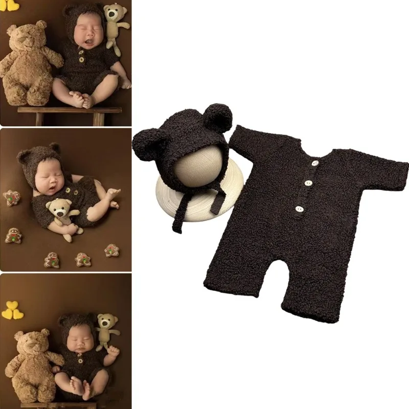 

Наряды для фотографии новорожденных — вязаная шапочка с медвежьими ушками и комбинезон на пуговицах, мягкие эластичные костюмы для реквизита для детской фотосессии