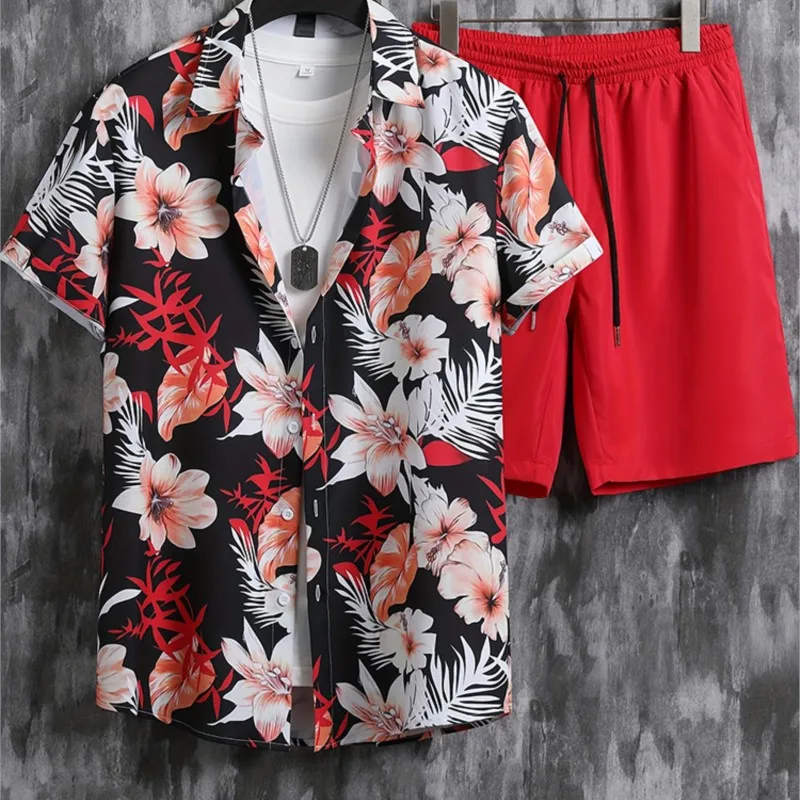 2025 Summer Men's Shirt Set Simple Striped Beach Short Sleeve Casual Lapel Shirt Oversized Beach Shorts Hawaii Suit Clothing