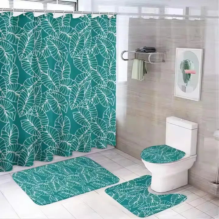 Wholesale Custom Hawaii Taro Leaf Design Four Piece Bathroom Sets Waterproof Shower Curtain Bath Mats Custom Shower Curtain Set