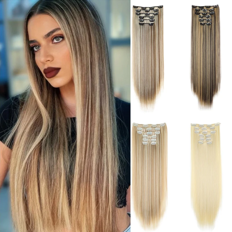 

24 Inch Synthetic Clip In Hair Extensions 6PCS Hair 16 Clip Extensions Long Straight On Hairpieces For Women Girls