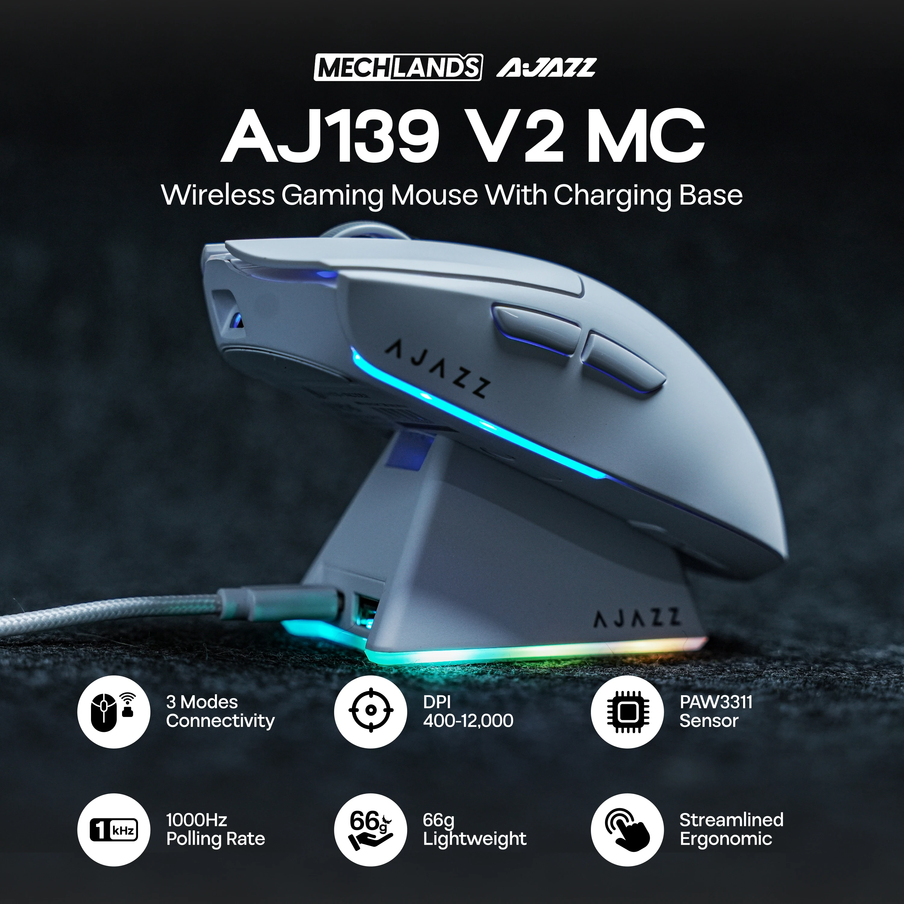 AJAZZ AJ139 V2 MC Gaming Mouse Wired/Bluetooth/2.4GHz Wireless PAW3311 Sensor with Charging Base RGB Backlight 500mAh Battery