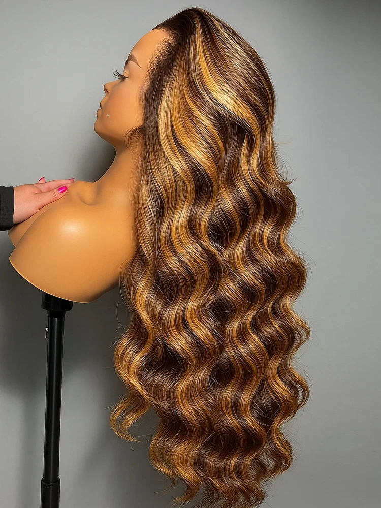 

30 Inch Ombre Highlight 13x4 Lace Front Wig Human Hair With Baby Hair 4/27 Honey Blonde Body Wave Frontal Wigs For Women