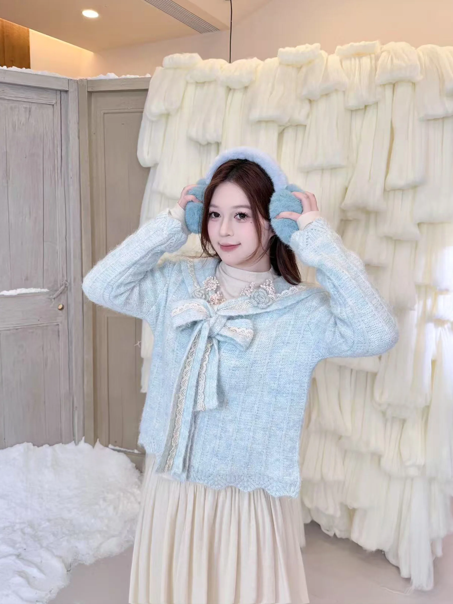 

Вязаный свитер Sweet Sle с рукавами-фонариками цвета соленой карамели и узлом для женщин, зимний, больших размеров, утягивающий топ