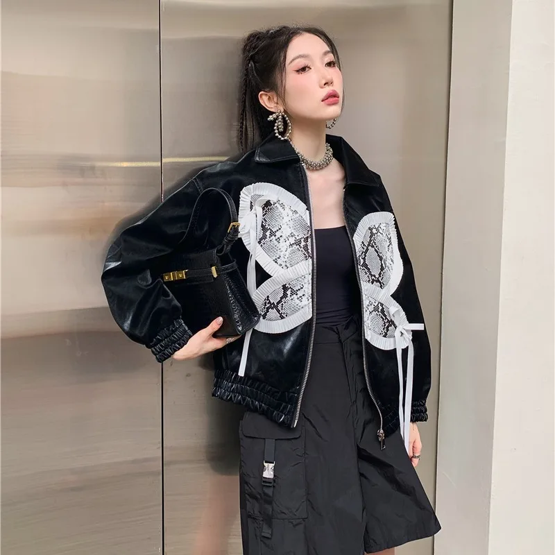 Autumn Fashion Contrast Color Snake Print Bow Black Short Faux PU Leather Coat Lapel Long Sleeve Female Bomber Jacket Streetwear