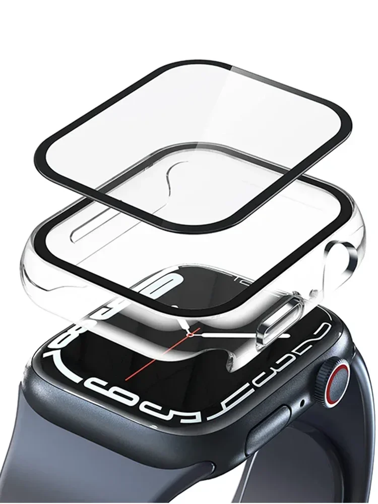 Vidro Temperado e Capa para Apple Watch, PC Bumper, Capa Protetora de Tela, iWatch Série 7, 6, 5, 4, SE2, 7, 8, 9, 45mm, 41mm, 44 milímetros, 40 milímetros, 42 milímetros, 38 milímetros