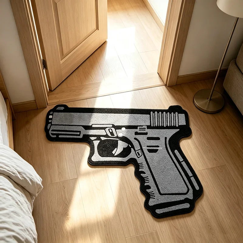 Cool Creative Gun‑Shaped Rug Trendy Unique Firearm Pattern Floor Mat Home Decor Plush Carpet for Gaming Room Bedroom Bedside