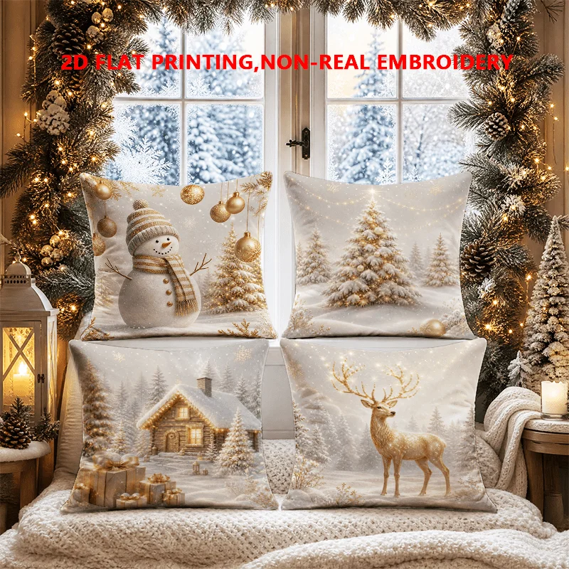 2D FLAT-4pc Golden Christmas Throw Pillow Covers Sofa and living room decoration, single-sided printing, without pillow core