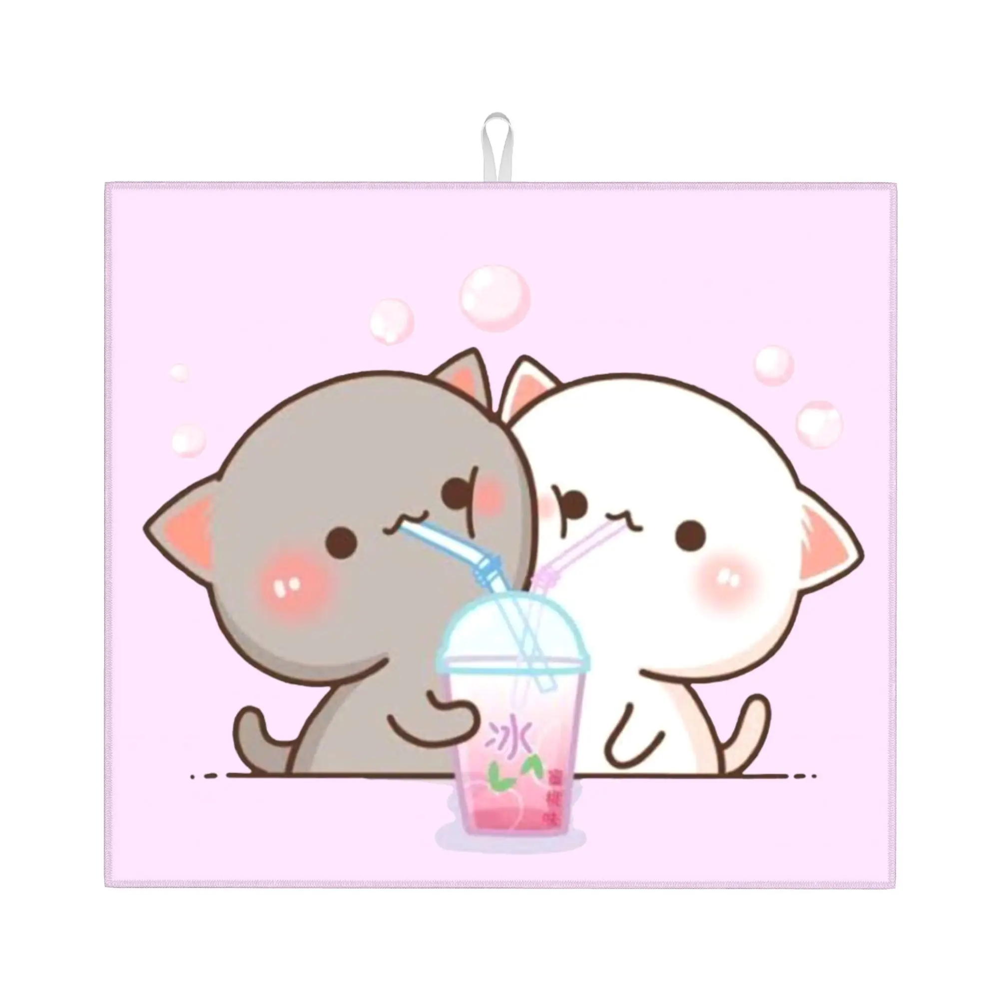 Couple Mochi Cat Peach And Goma Non‑Slip Waterproof Absorbent Barware Tableware Oil Proof Reusable Drying Mat For Kitchen
