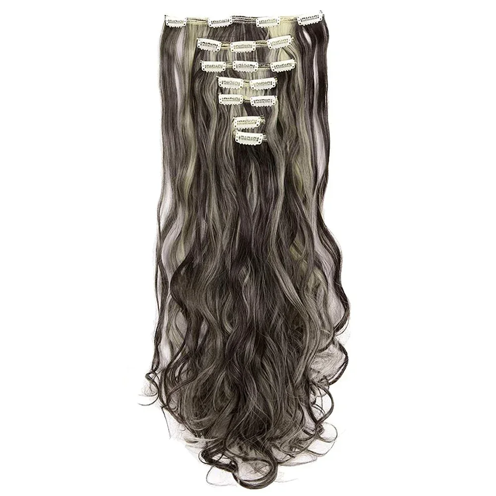 Curly Synthetic Brown Clip in Hair Extensions Full Head Hair Pieces for Women Postiche Fake Natural Hair