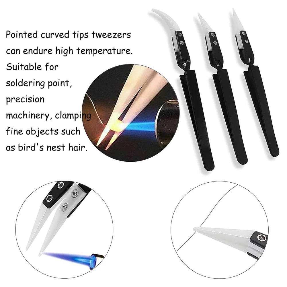 AA19 3Pcs Anti-Static Reverse  Tweezer IC SMD SMT Reverse Tweezers Heat Resistant 1000 Degree Hand Tools